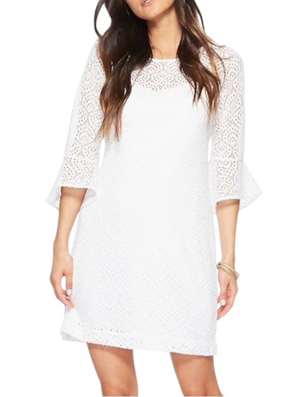 Lilly Pulitzer Fontaine Classic Shift Flounce Bell Sleeve Lined Dress White Smal